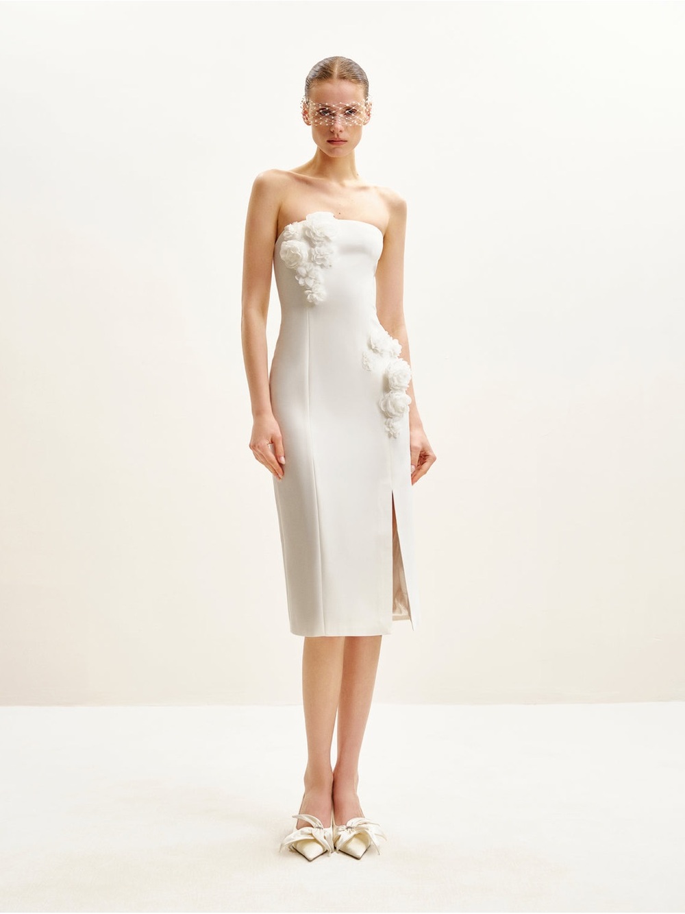 JW PEI Strapless White Floral-Appliqué Midi Dress